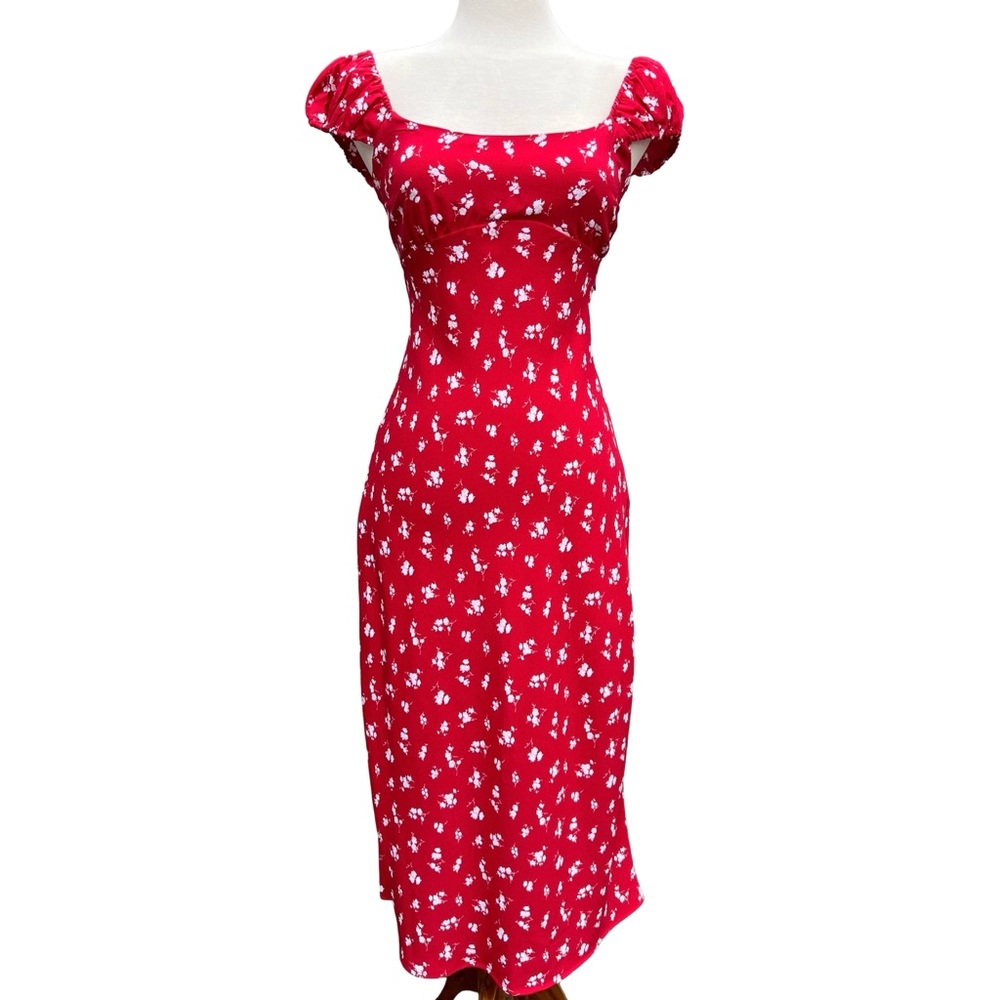 NWT Hollister Red Floral Midi Dress | Puff Sleeve Open Back | Size S